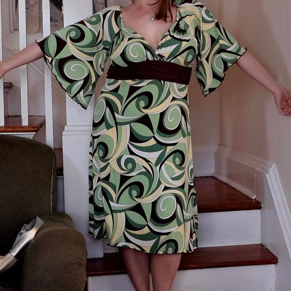 Vintage Y2K Swirl Dress Green Yellow Brown Bell Sleeves XL Boho Whimsigoth